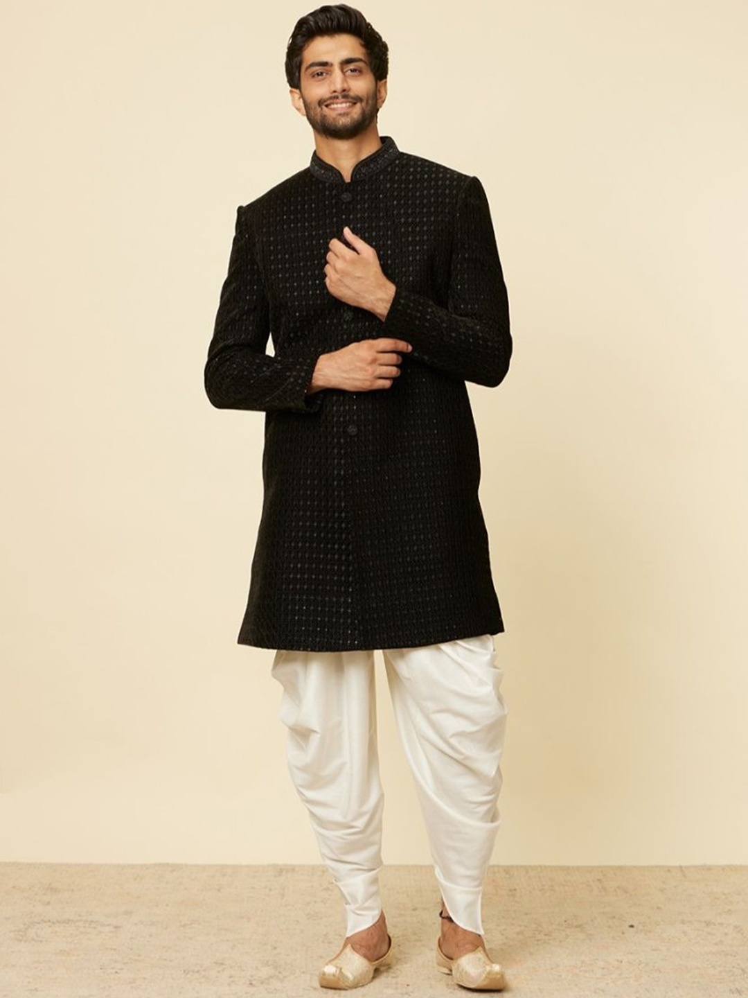 

Twamev Men Mandarin Collar Embroidery Sequin Work Indo Western Sherwani Set, Black