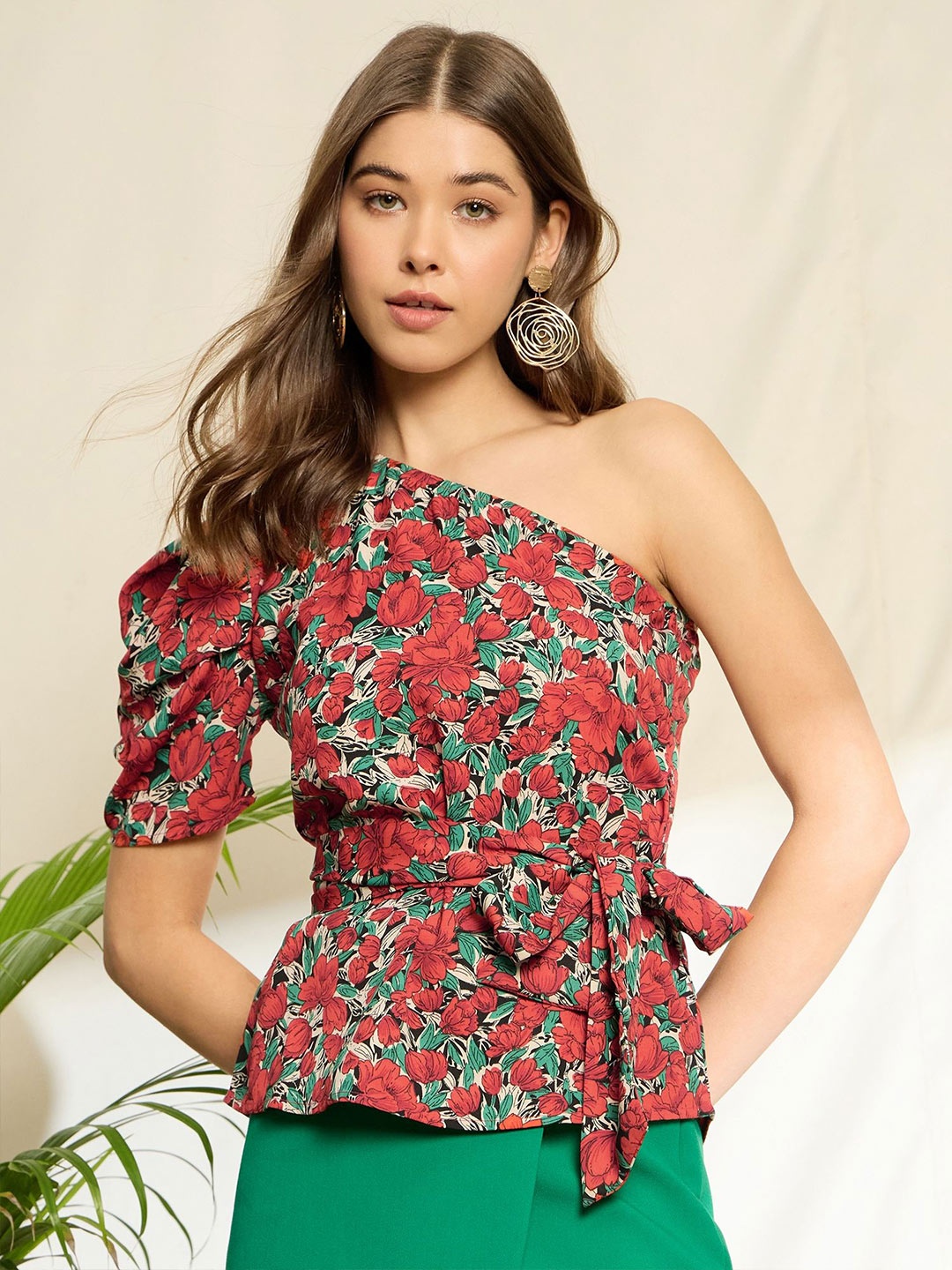 

Berrylush Floral Print One Shoulder Puff Sleeve Peplum Top, Red