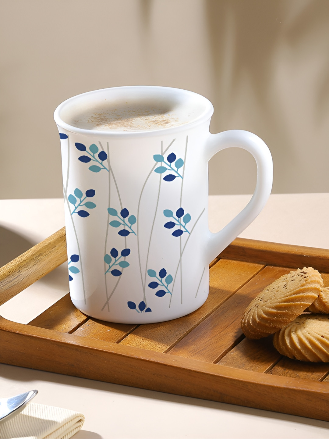 

Larah by BOROSIL White & Blue Floral Printed Opalware Glossy Mugs Set of Cups and Mugs