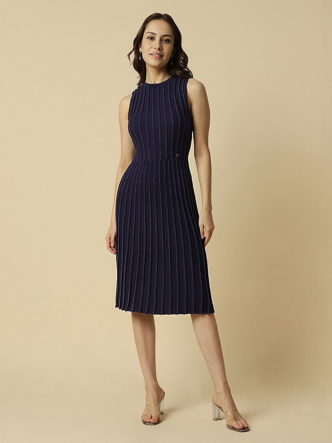 

Allen Solly Woman Striped Round Neck Sleeveless Sheath Dress, Navy blue