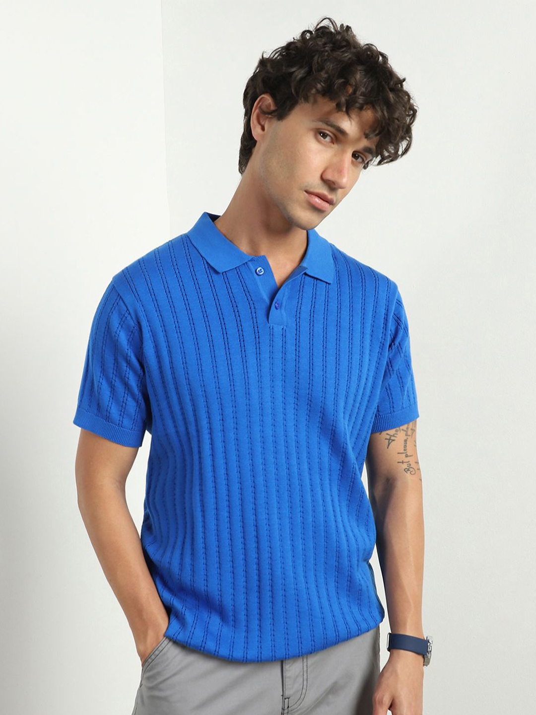 

NOBERO Men Textured Self Design Polo Collar T-shirt, Blue