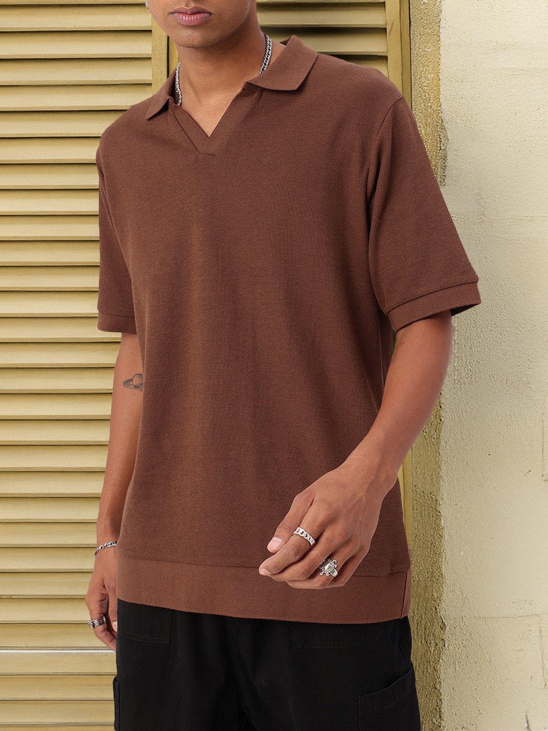 

Kook N Keech Korean Street Oversized Polo Collar T-shirt, Brown