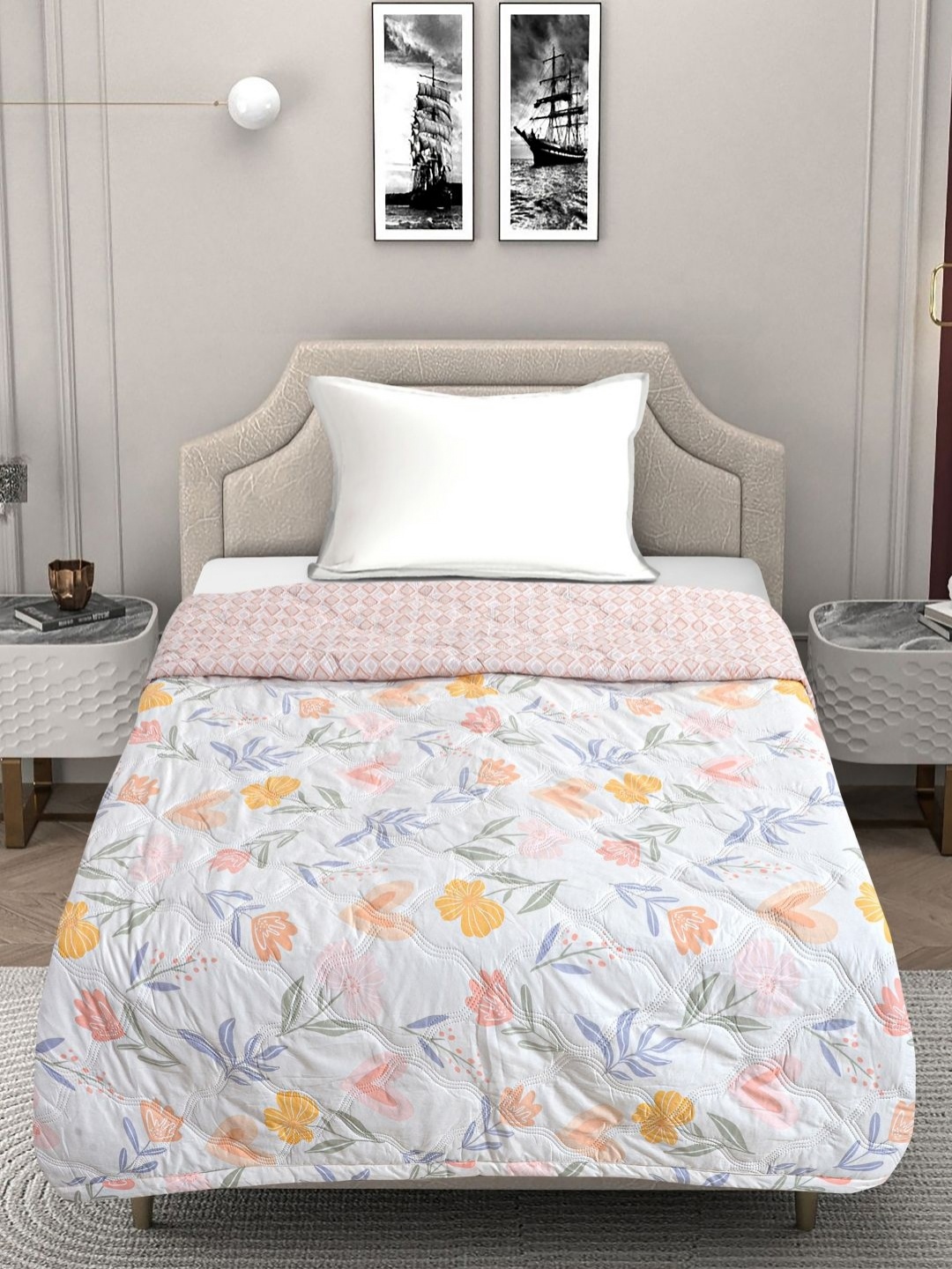 

FABINALIV Off White & Yellow Floral Mild Winter 350 GSM Single Bed Comforter