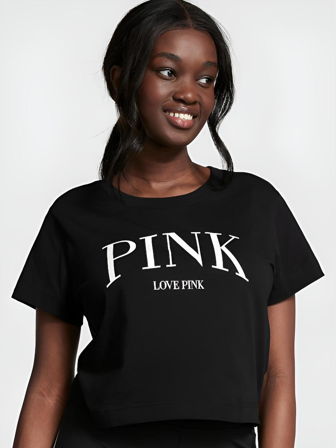 

Victoria's Secret Women Typography Printed Round Neck Cotton T-shirt, Black