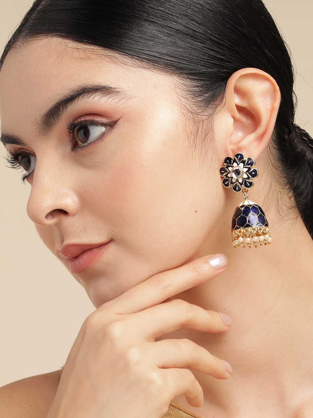 

Anouk Gold Plated Beaded Meenakari Dome Shaped Jhumkas Earrings, Blue