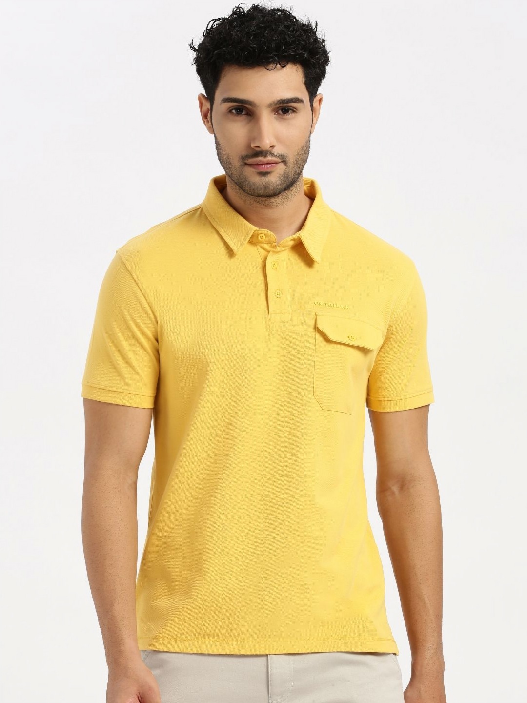 

Grit and Flair Men Polo Collar T-shirt, Yellow