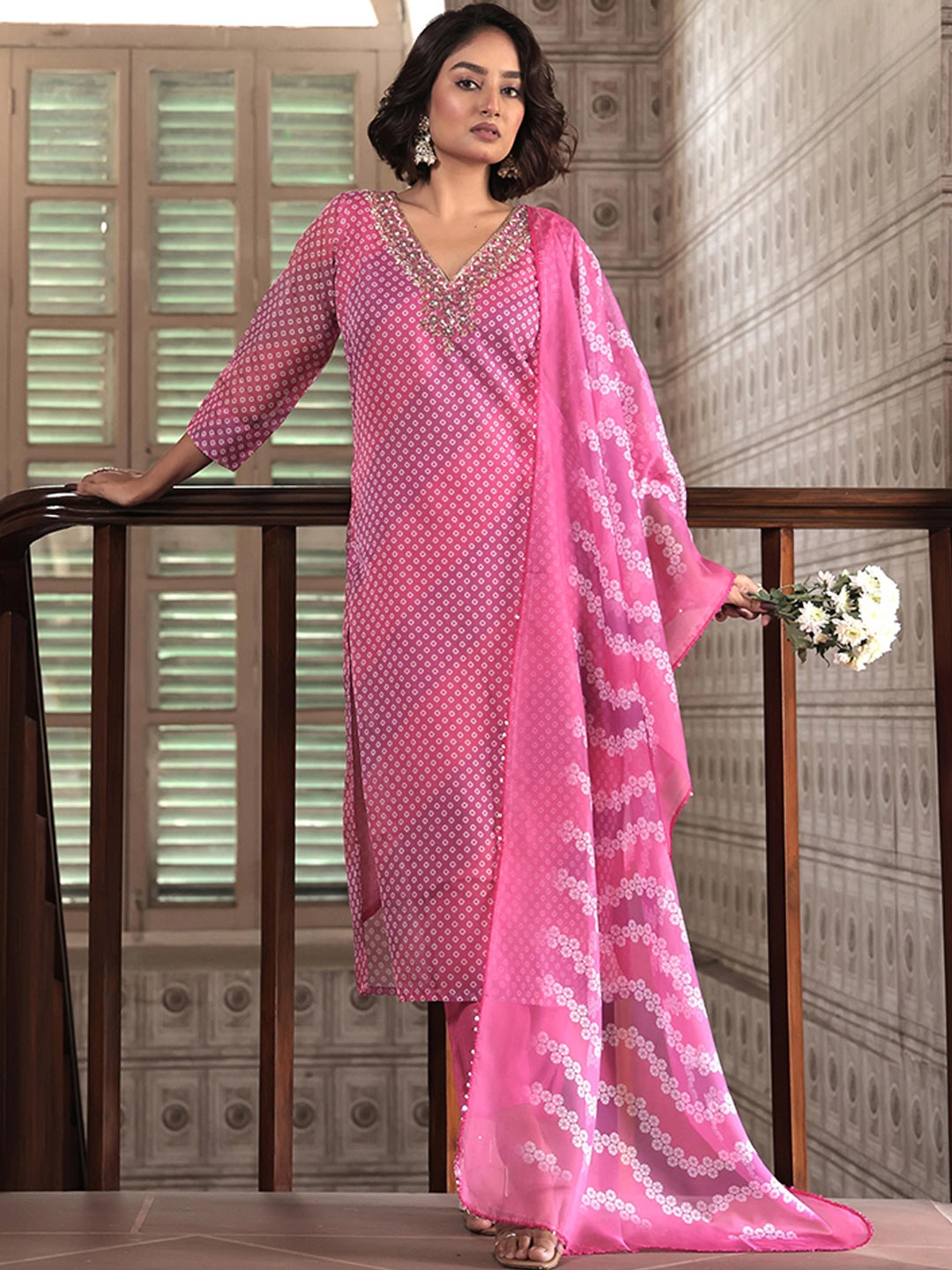 

Anouk Women Bandhani Printed Regular Zardozi Kurta with Trousers & With Dupatta, Pink