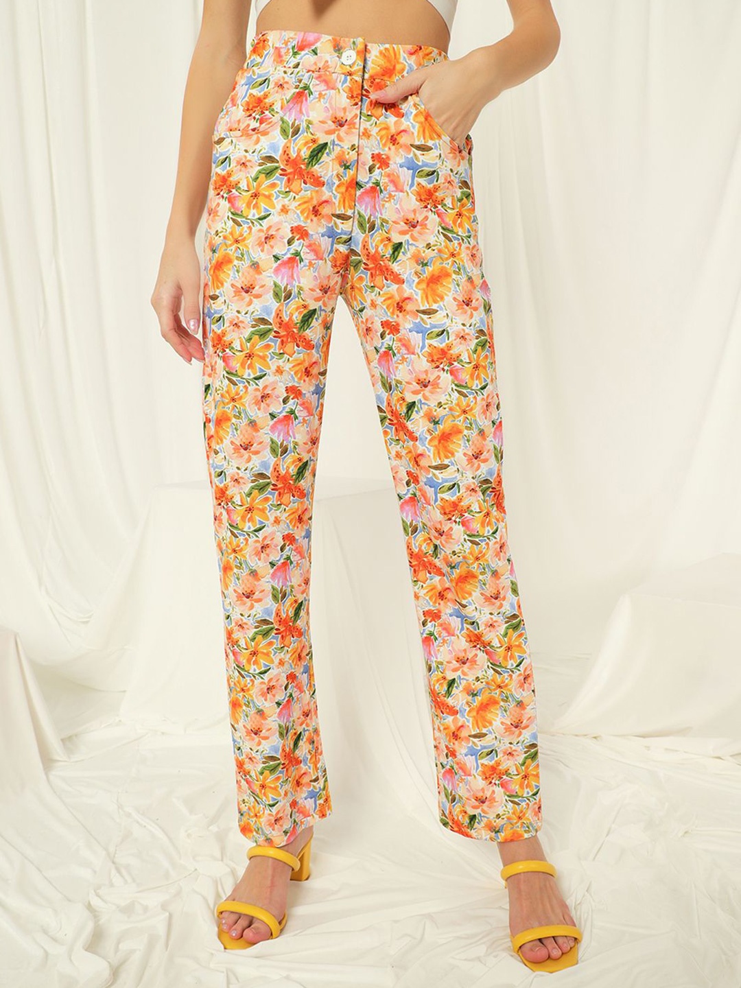 

TANDUL Women Floral Printed Original Fit Trousers, Orange