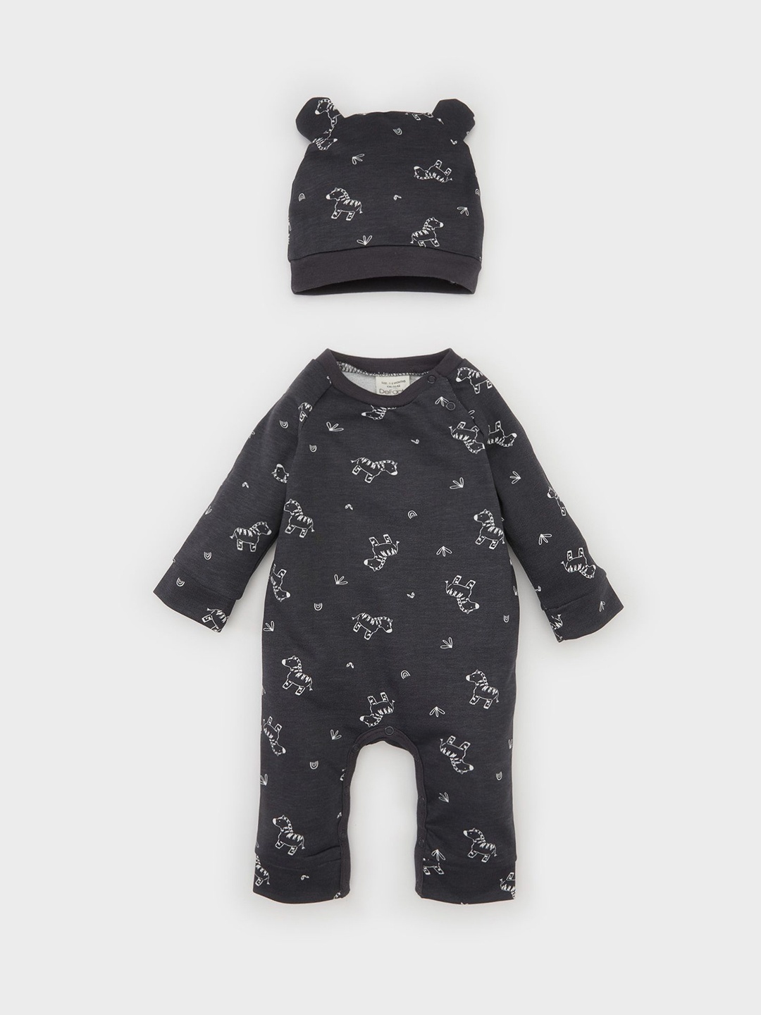 

DeFacto Infants Kids - Boys Printed Pure Cotton Rompers With Cap, Charcoal