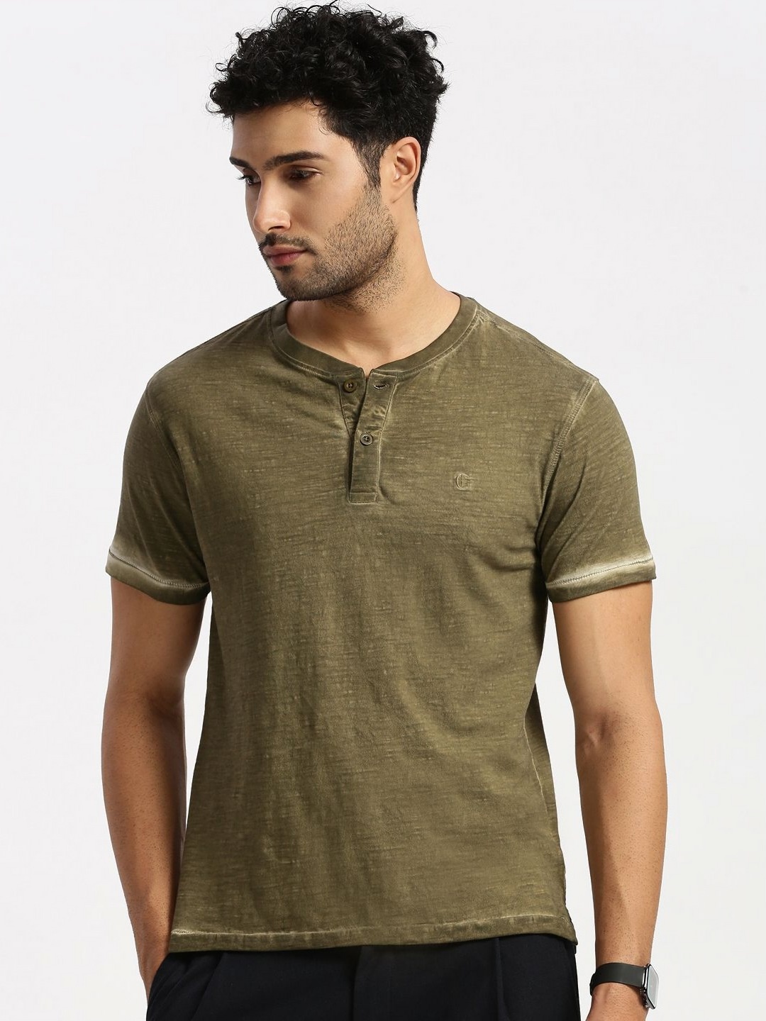 

Grit and Flair Men Henley Neck Slim Fit T-shirt, Olive