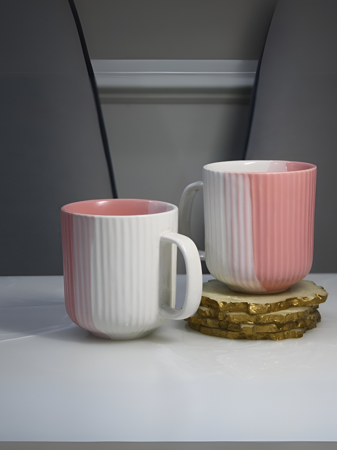 

MODEFE Pink & White Solid Ceramic Glossy Cups Set of Cups and Mugs