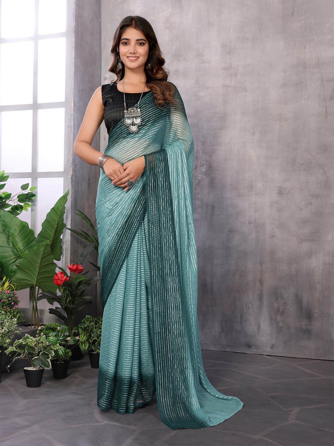 

LeeliPeeri Designer Embellished Zari Silk Blend Ready to Wear Saree, Teal