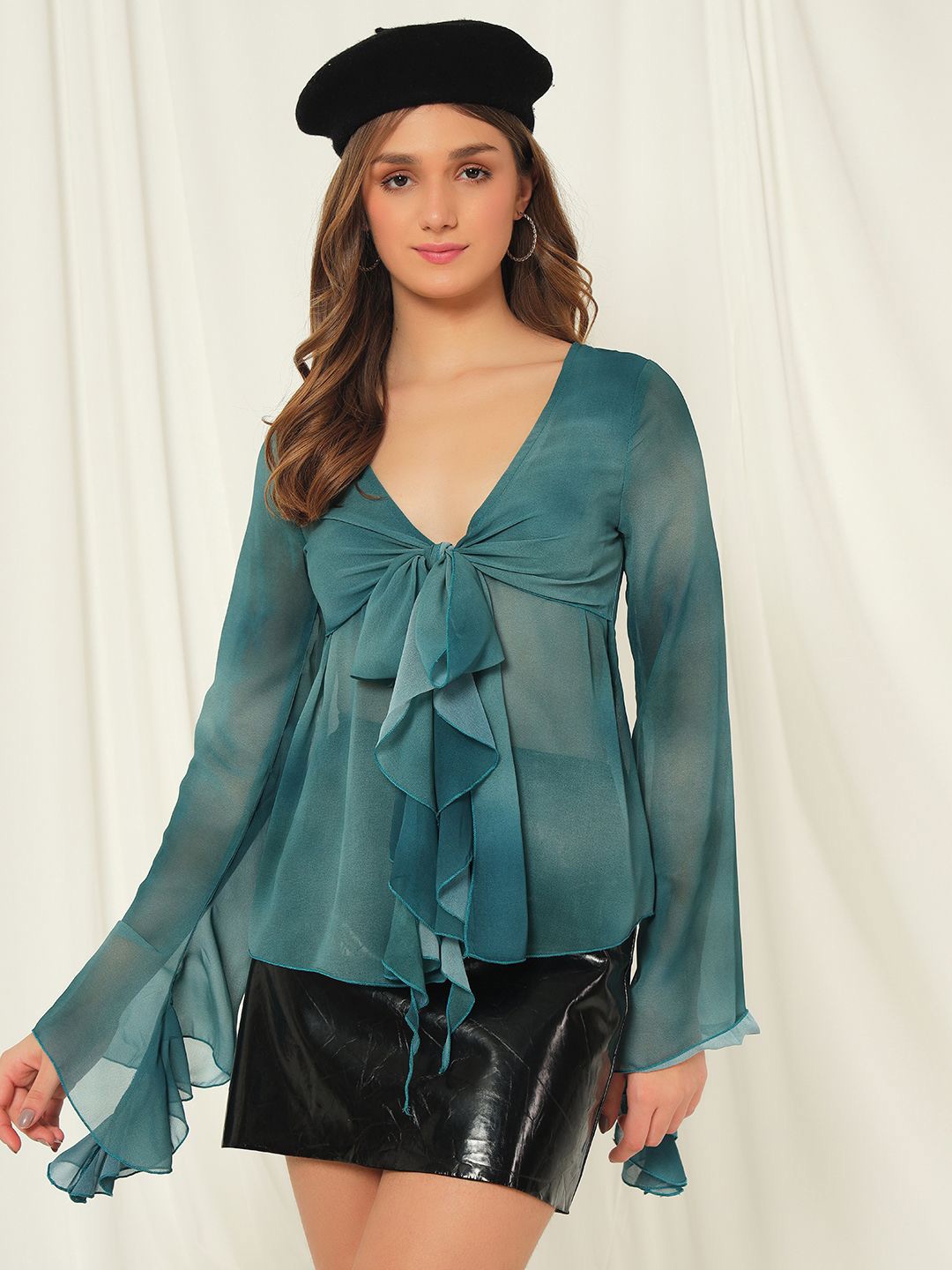 

TANDUL Women Flared Sleeve Georgette Top, Green