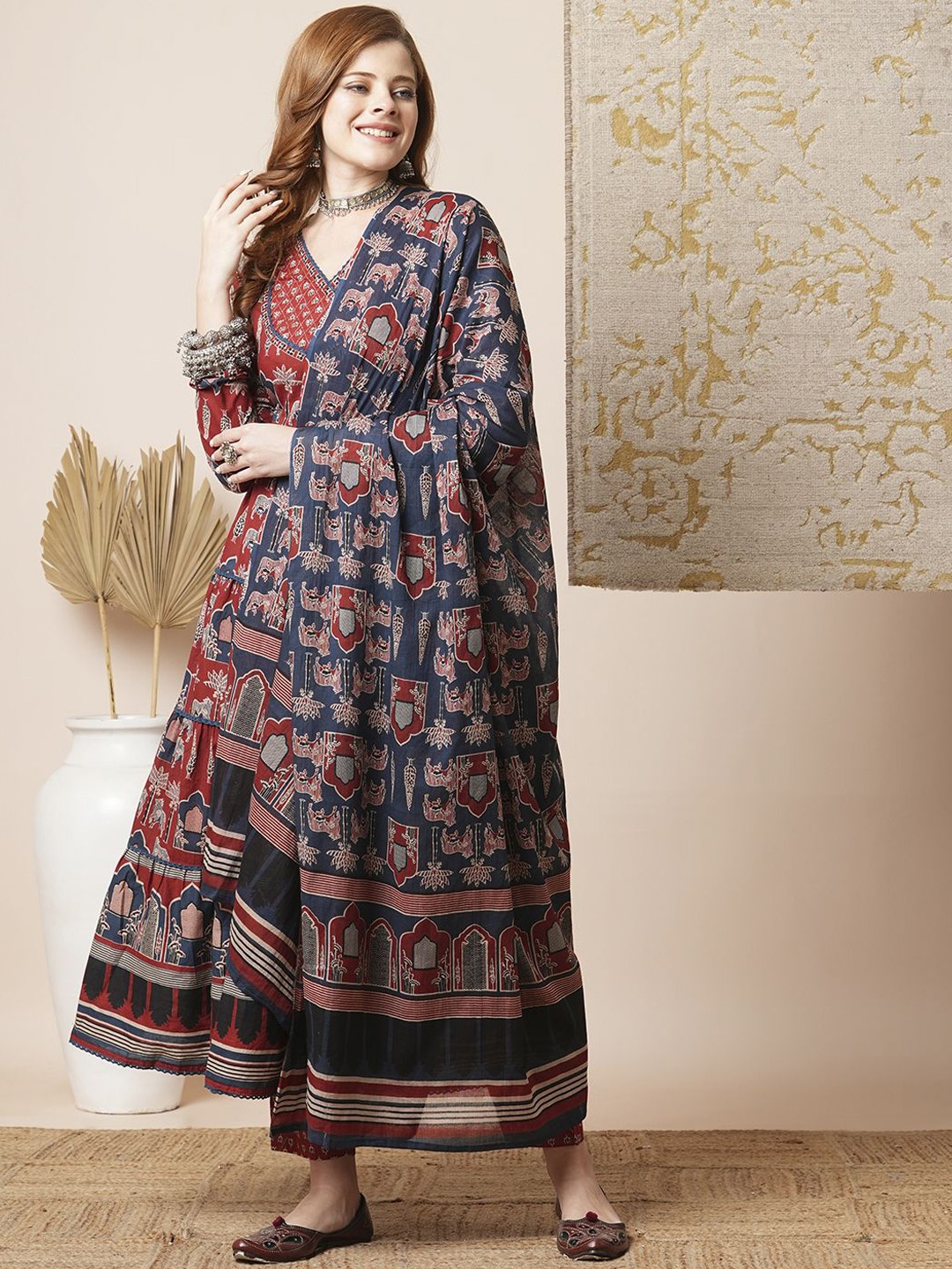 

FASHOR Women Ethnic Motifs Printed Pleated Sequinned Pure Cotton Kurta with Trousers & With Dupatta, Rust