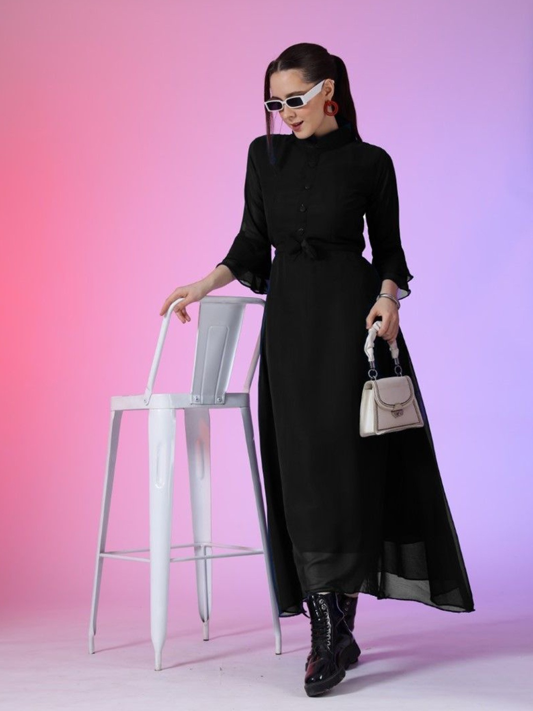 

Femvy Women Peter Pan Collar Flared Sleeve Georgette Fit & Flare Maxi Dress, Black