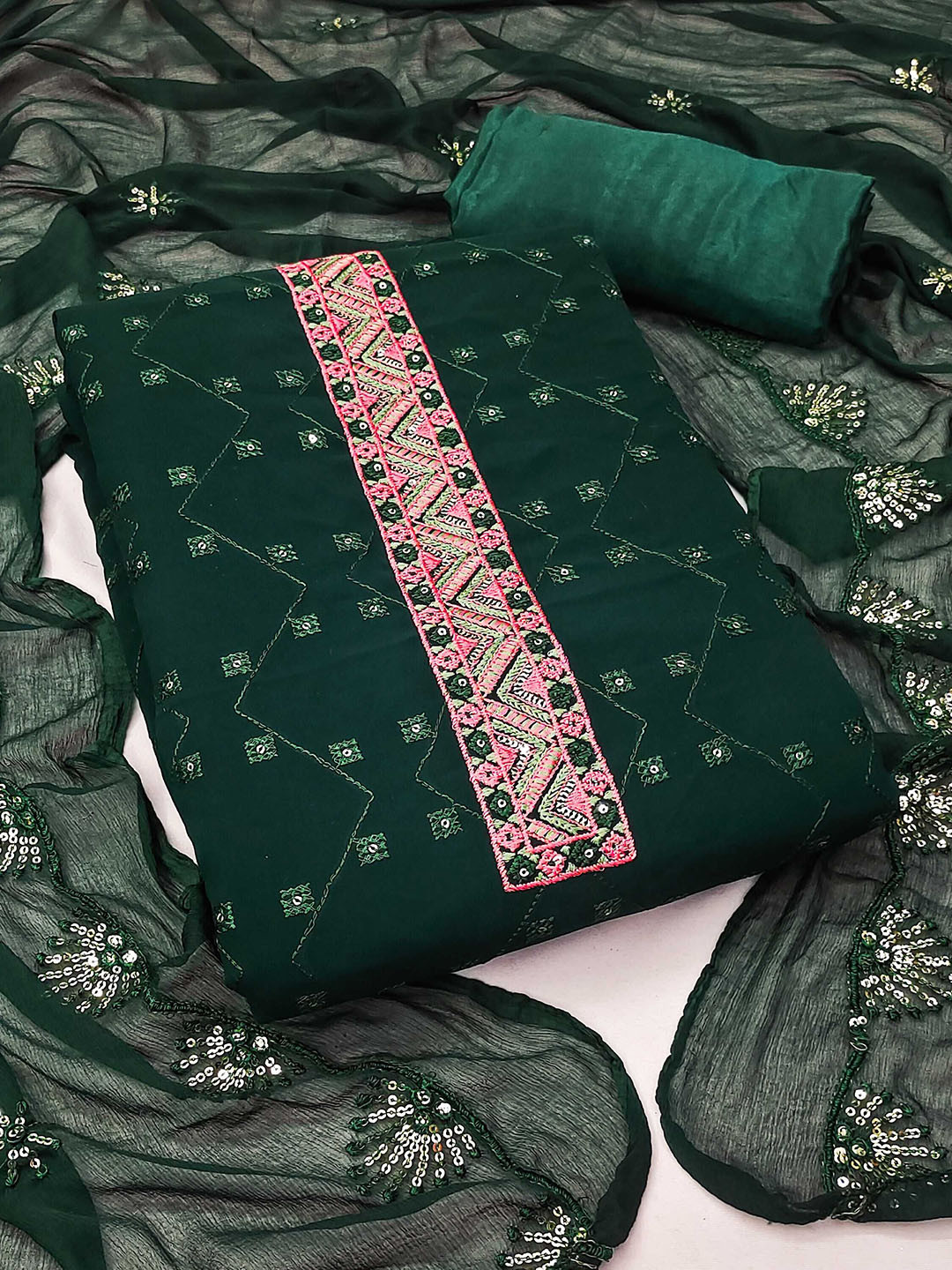 

KALINI Embroidered Unstitched Dress Material, Green