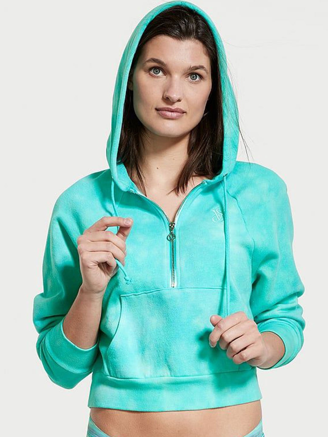 

Victoria's Secret Women Hooded Half Zipper Crop Sweatshirt, Green