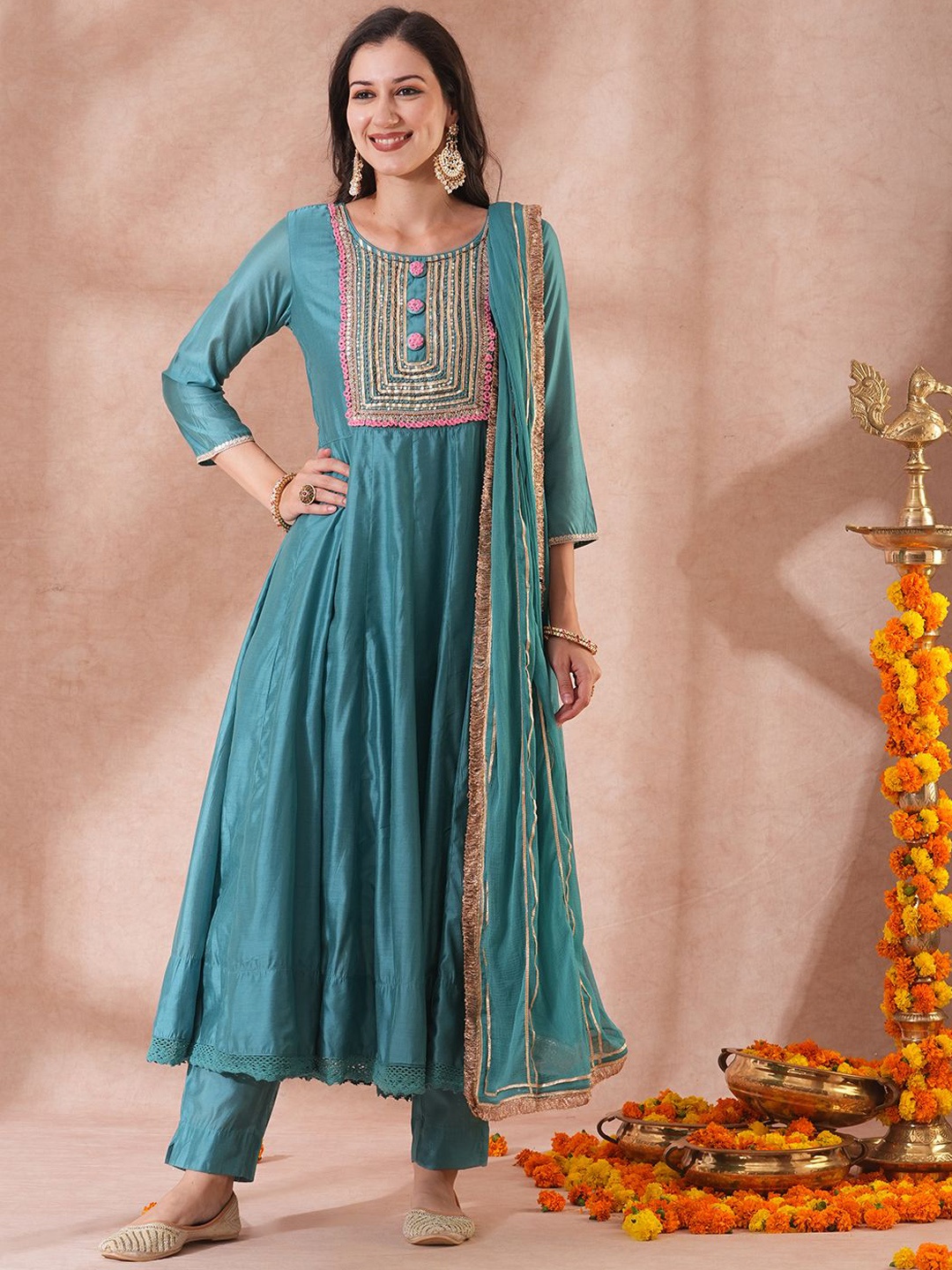 

FASHOR Women Ethnic Motifs Embroidered Panelled Beads and Stones Kurta with Trousers & With Dupatta, Turquoise blue