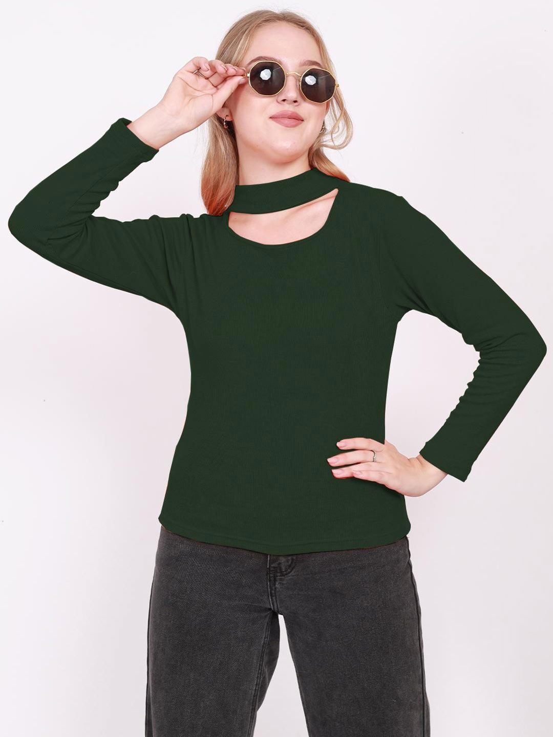 

BAESD Women Choker Neck Long Sleeves Top, Green