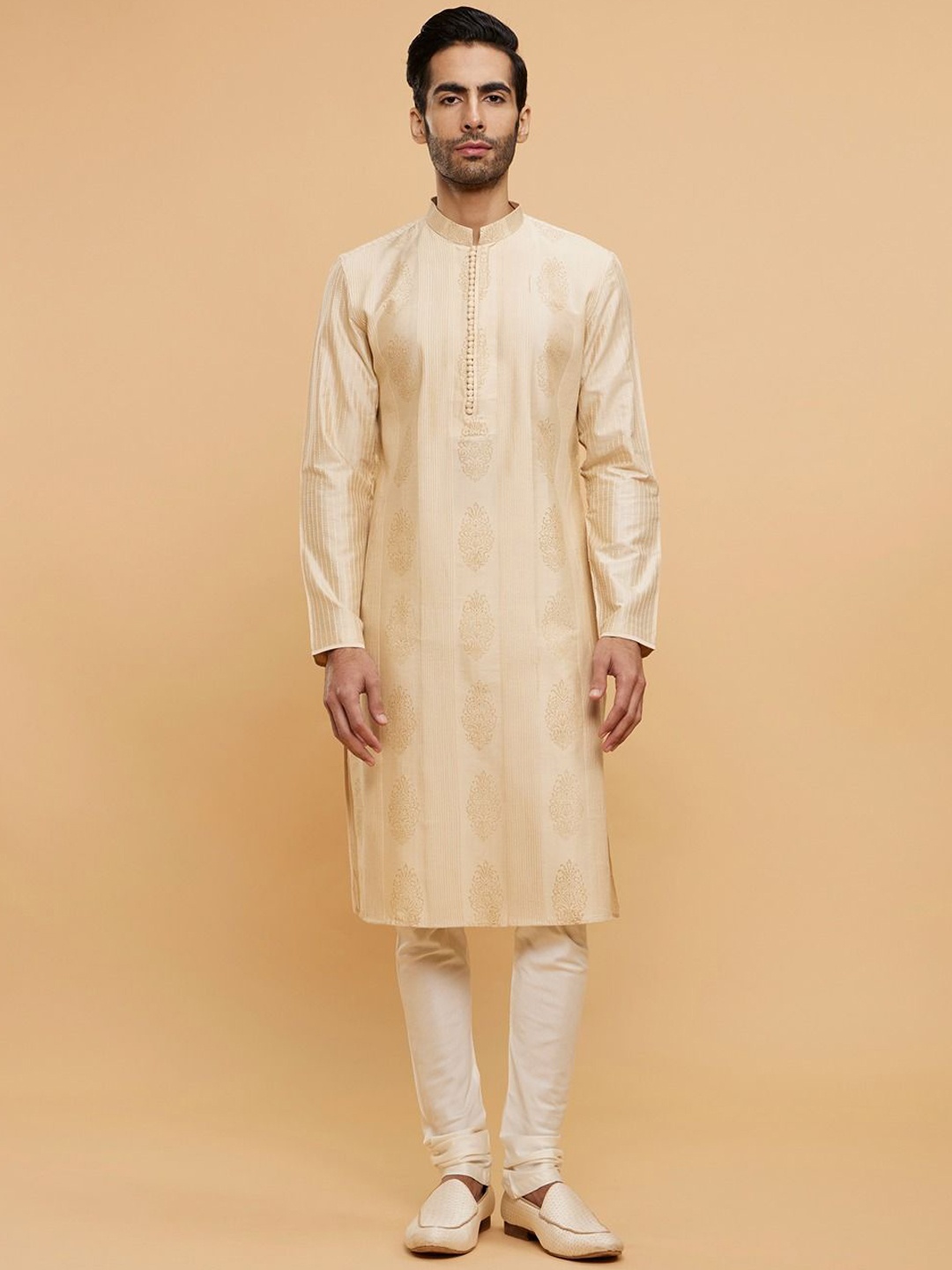 

Twamev Men Regular Thread Work Kurta with Churidar, Beige