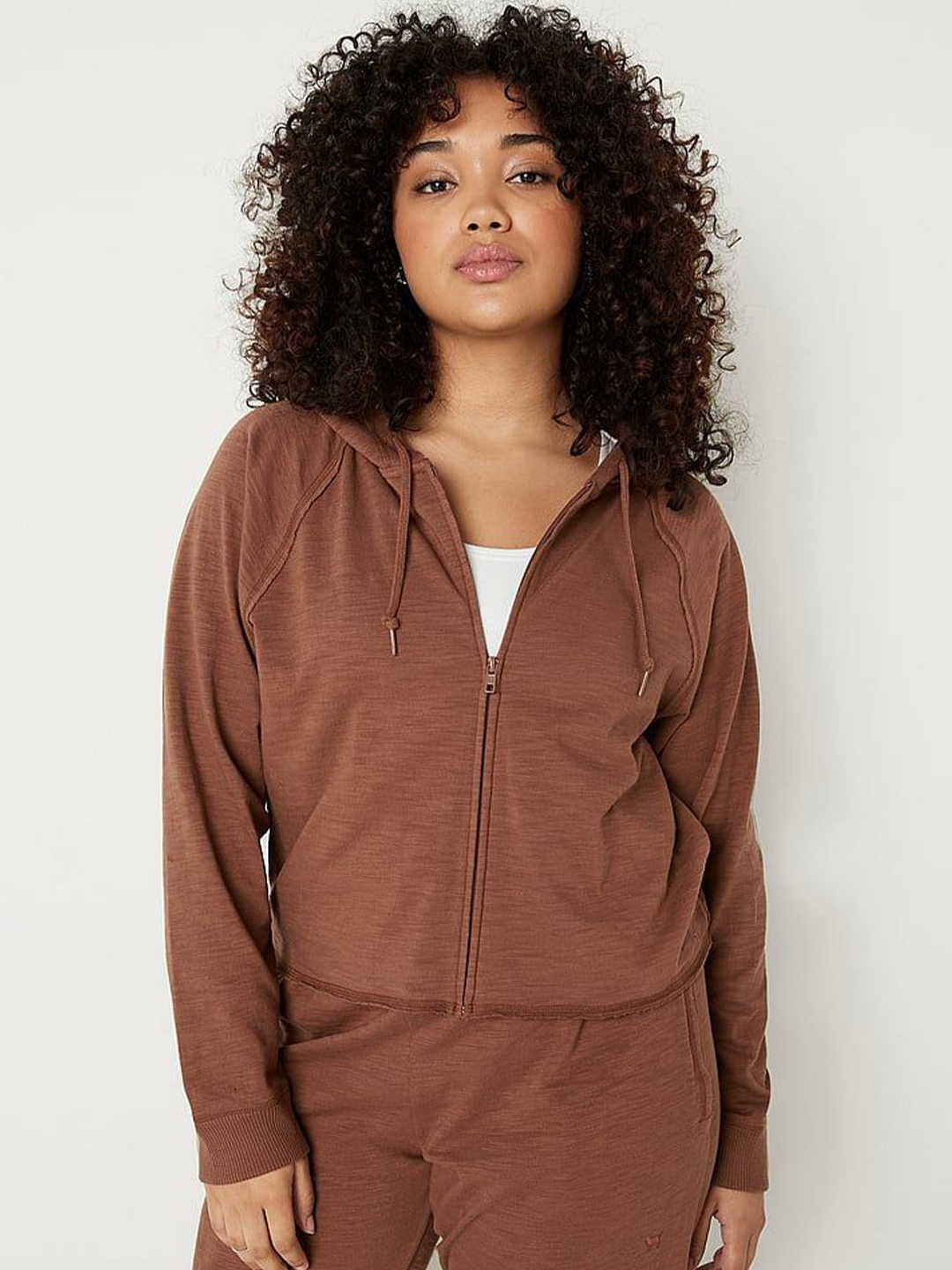 

Victoria's Secret Women Pure Cotton Hooded Front-Open Sweatshirt, Brown