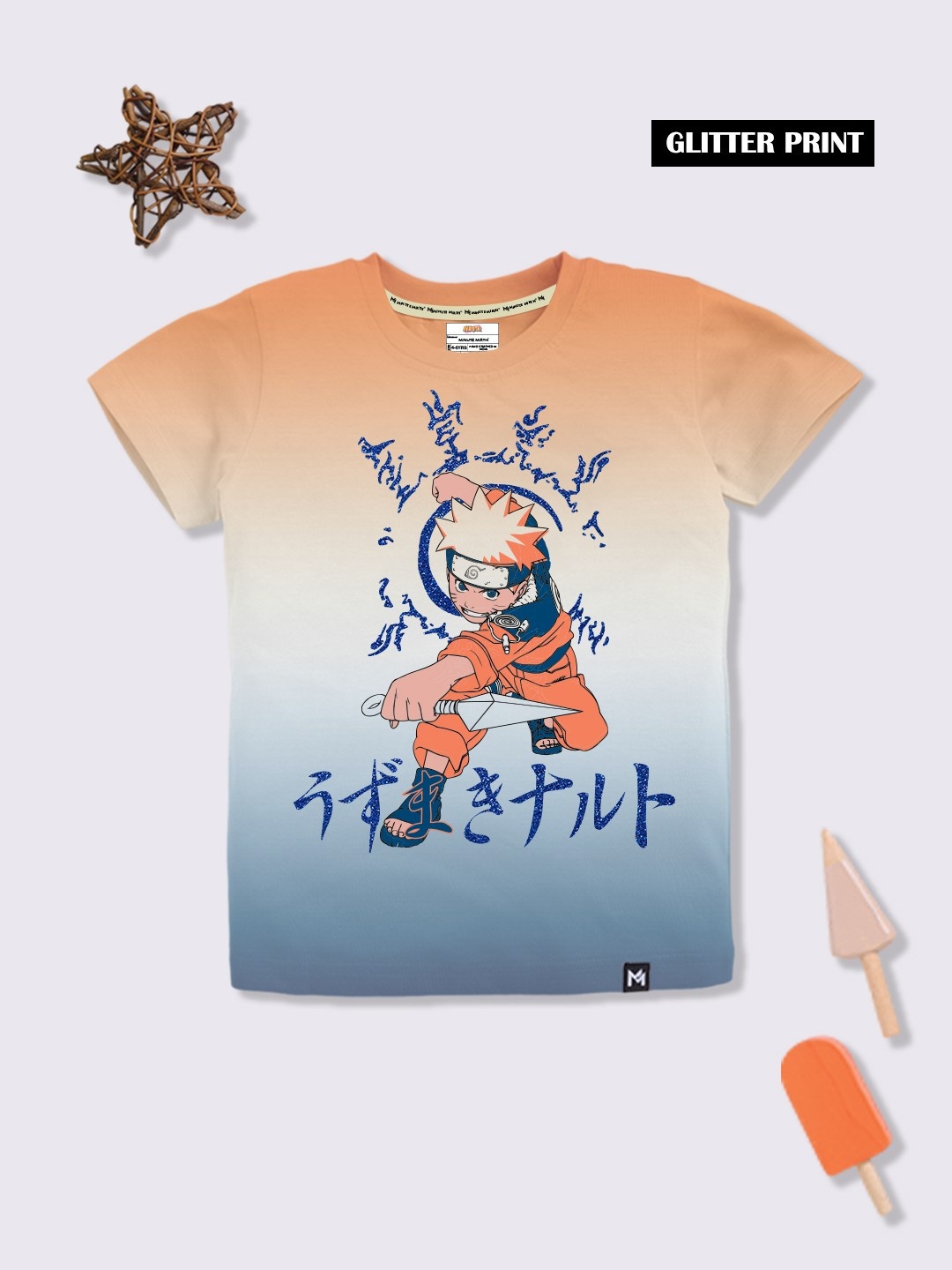 

YK X Minute Mirth Boys Ombre Effect Naruto Printed T-shirt, Orange