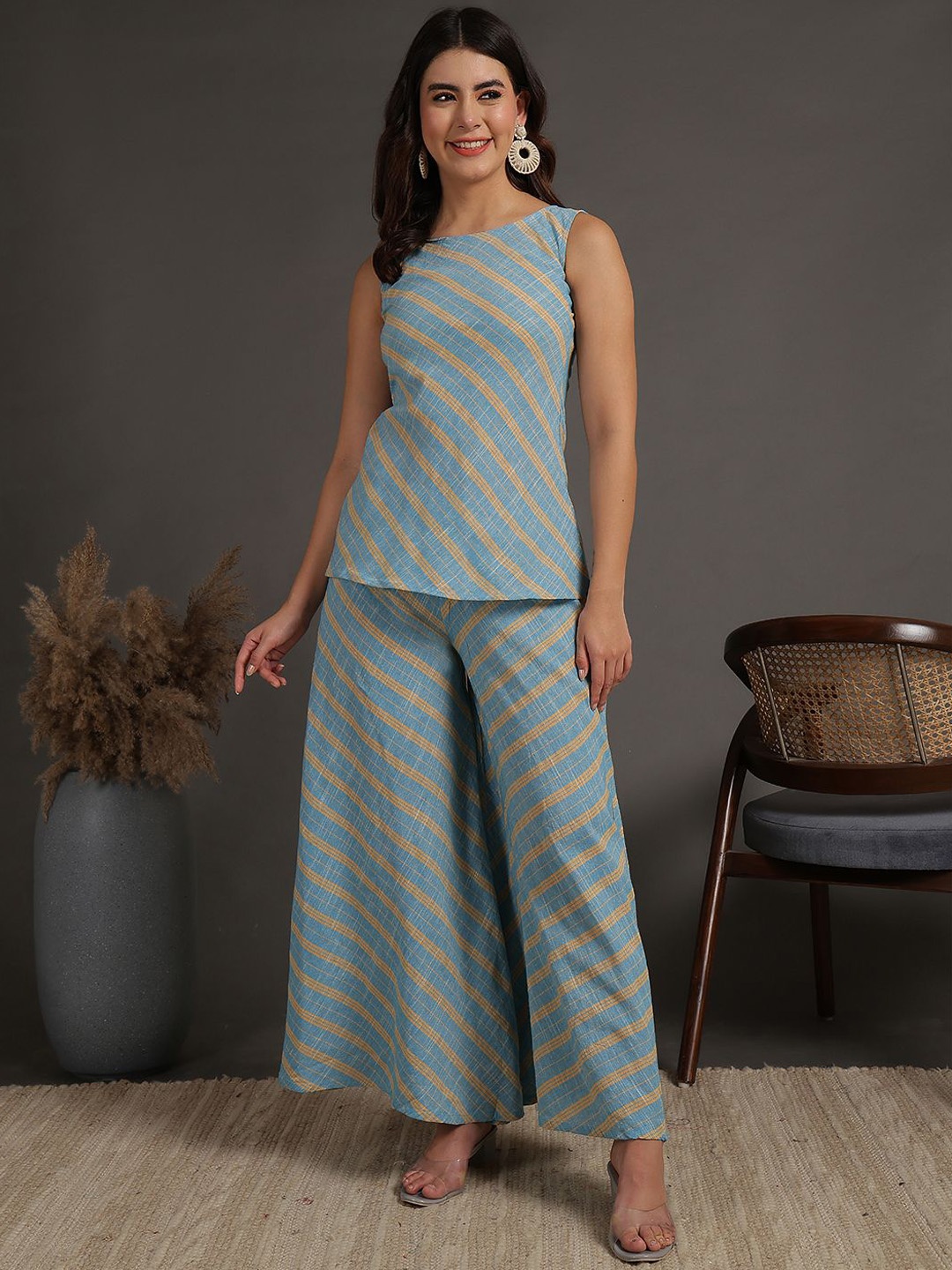 

antaran Women Striped Regular Pure Cotton Top with Palazzos, Blue