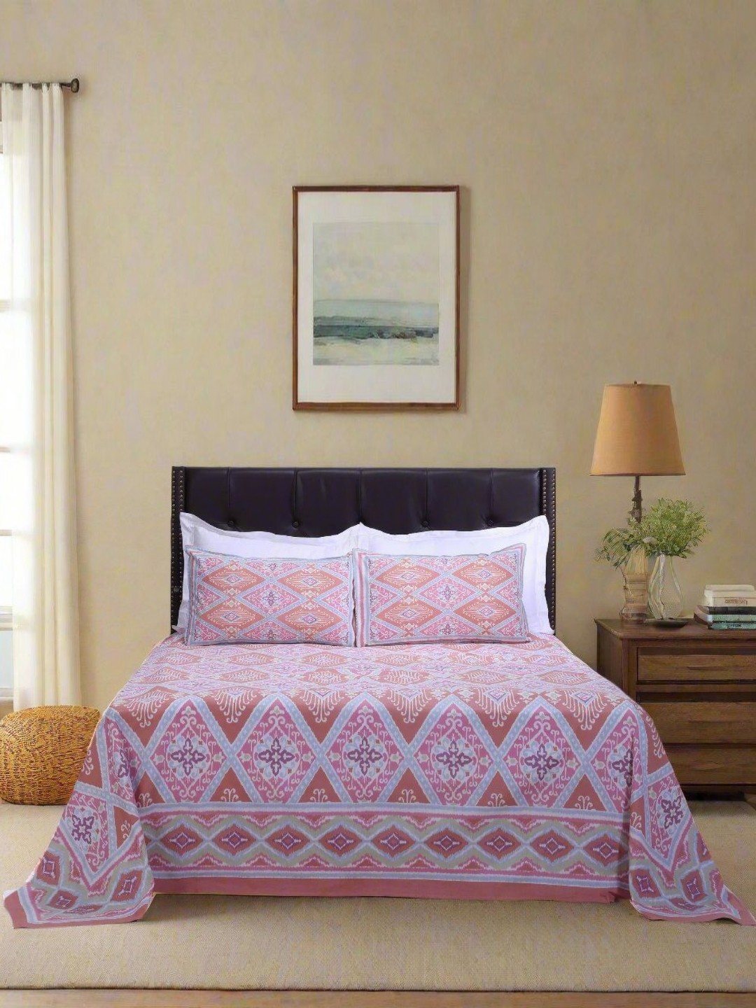 

SHAHENAZ Rust & Blue Floral 120 TC King Bedsheet with 2 Pillow Covers