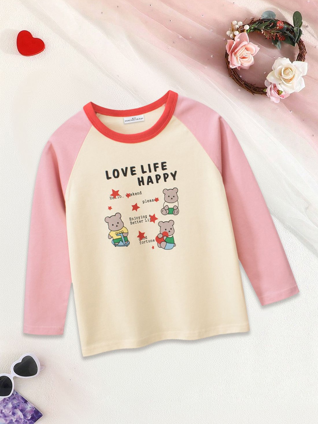 

FOREVER FRIDAY Girls Printed Extended Sleeves Applique T-shirt, Pink