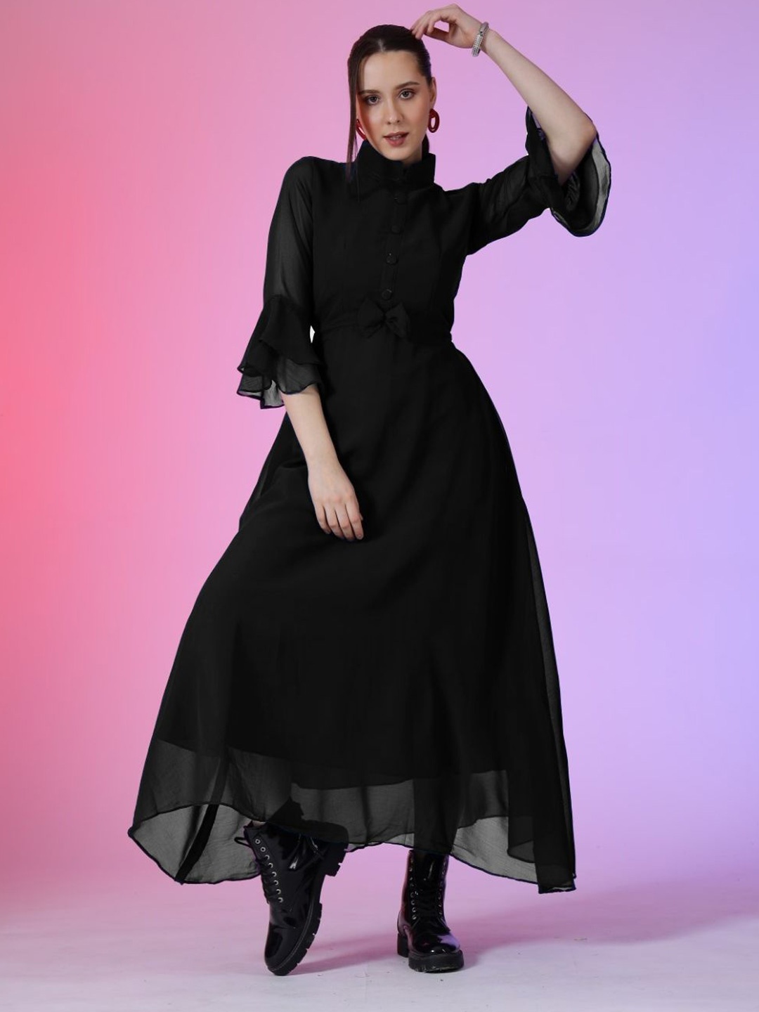 

Raiyani Enterprise Women High Neck Bell Sleeves Fit & Flare Maxi Dress, Black