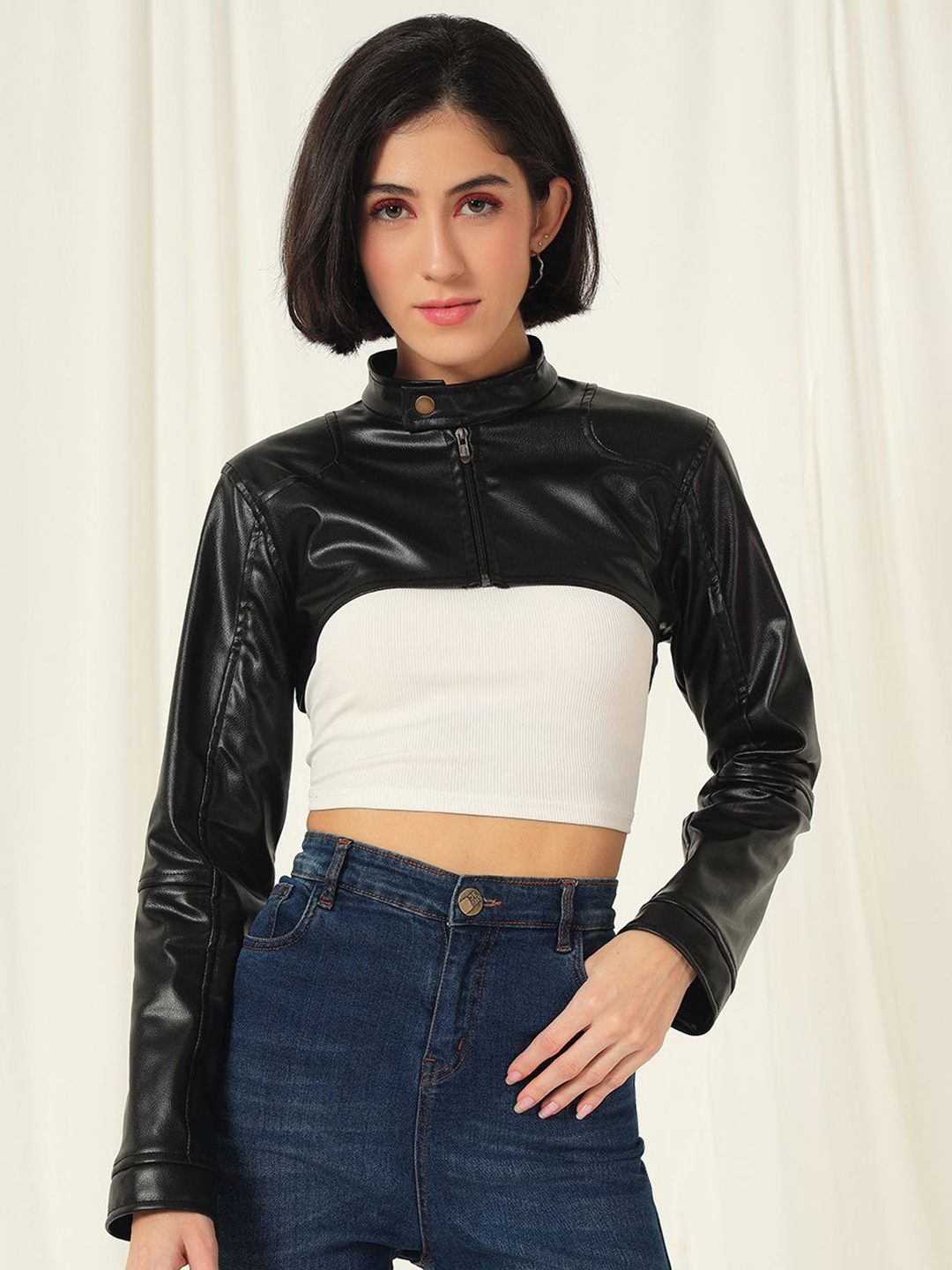 

TANDUL Women Colourblocked Lightweight Crop Biker Jacket with Patchwork, Black