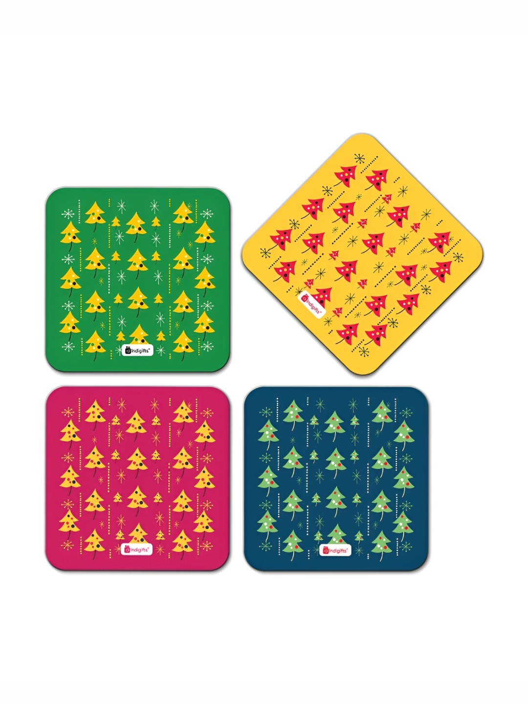 

Indigifts 4-Pcs Yellow & Green Printed Wooden Tea Coasters