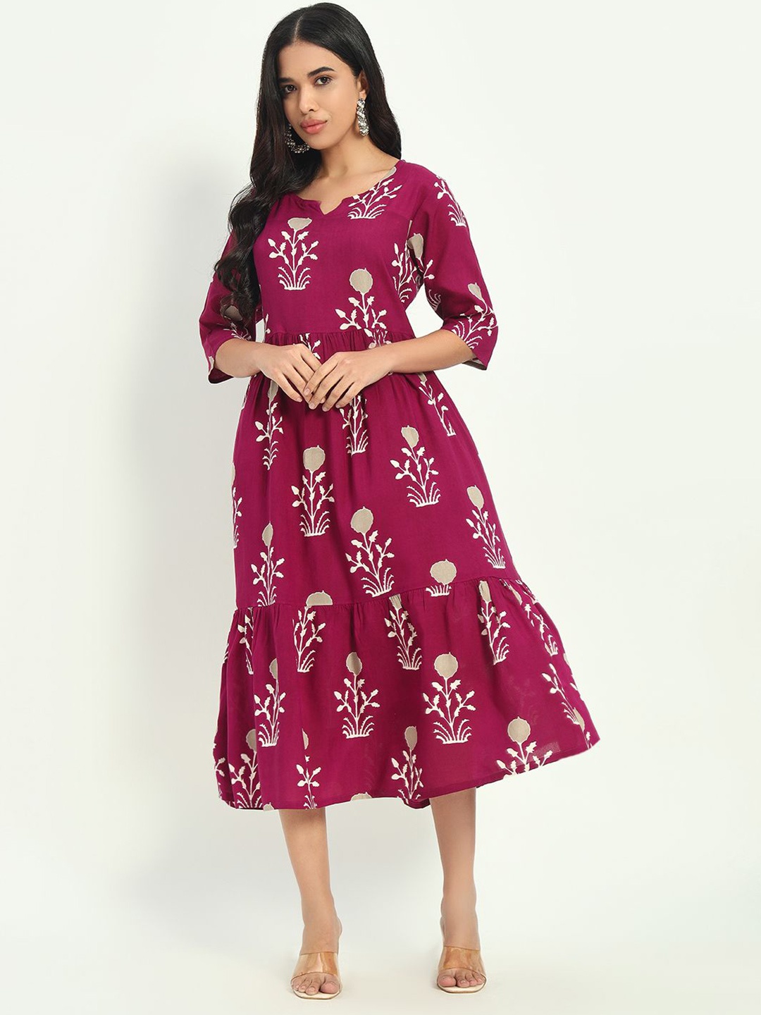 

ASHRU Floral Printed Round Neck Flared Dress, Purple