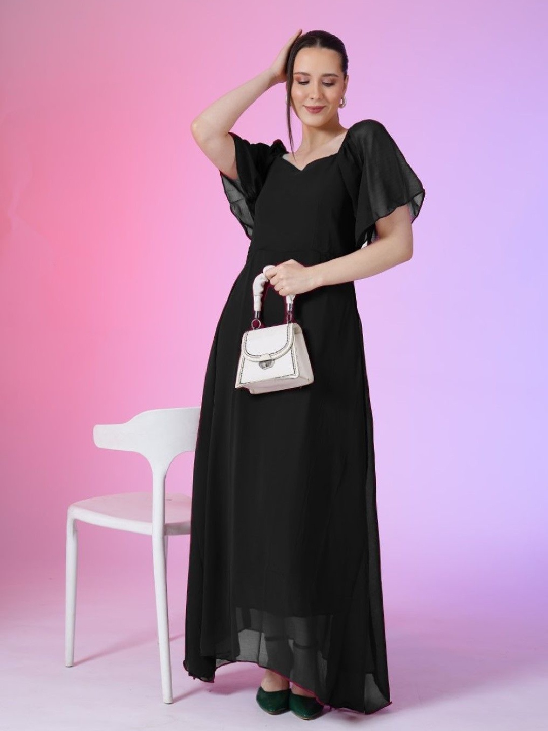 

Krunal Raiyani Sweetheart Neck Georgette Maxi Dress, Black