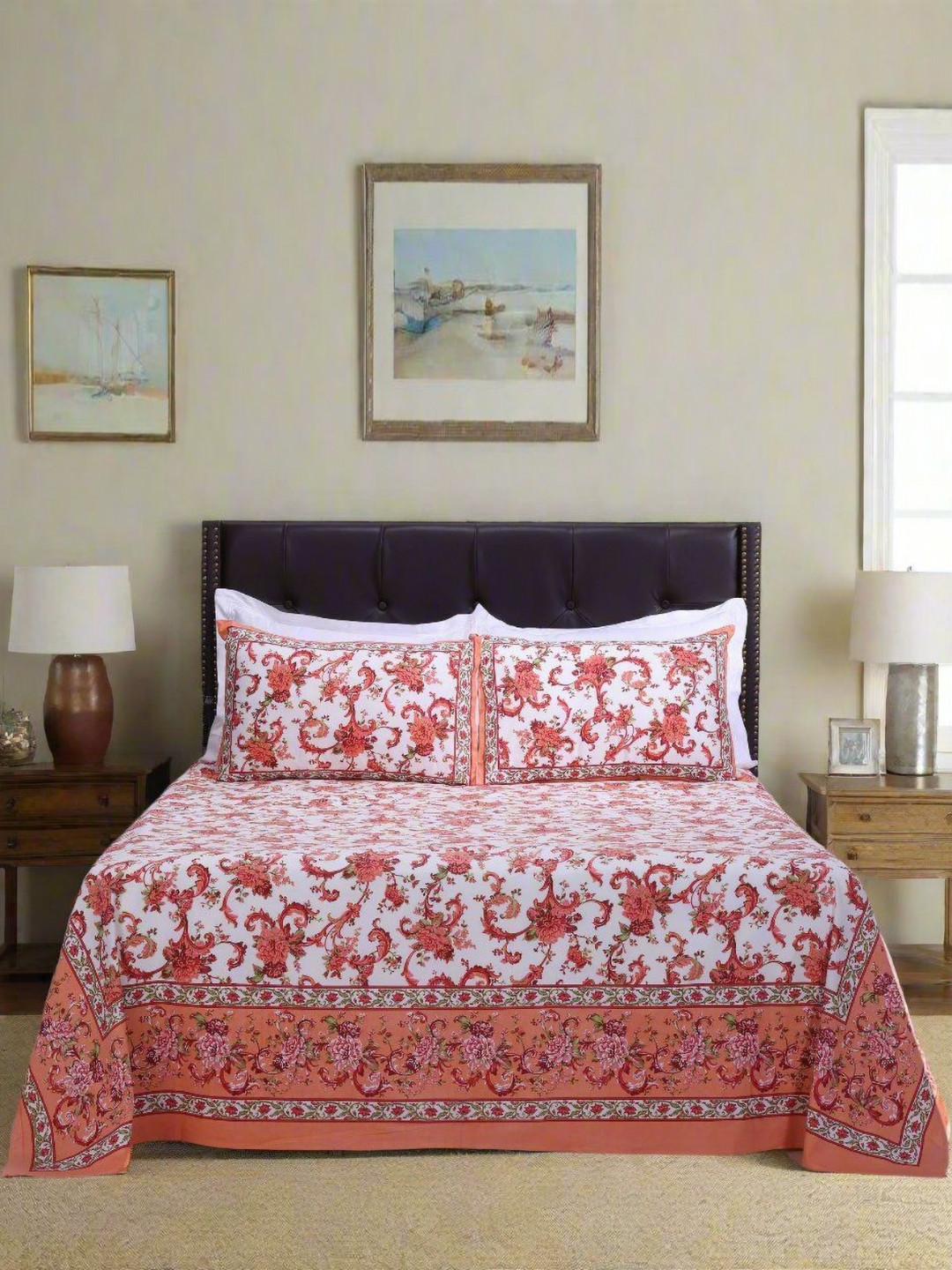 

SHAHENAZ Orange & White Floral 120 TC Queen Bedsheet with 2 Pillow Covers