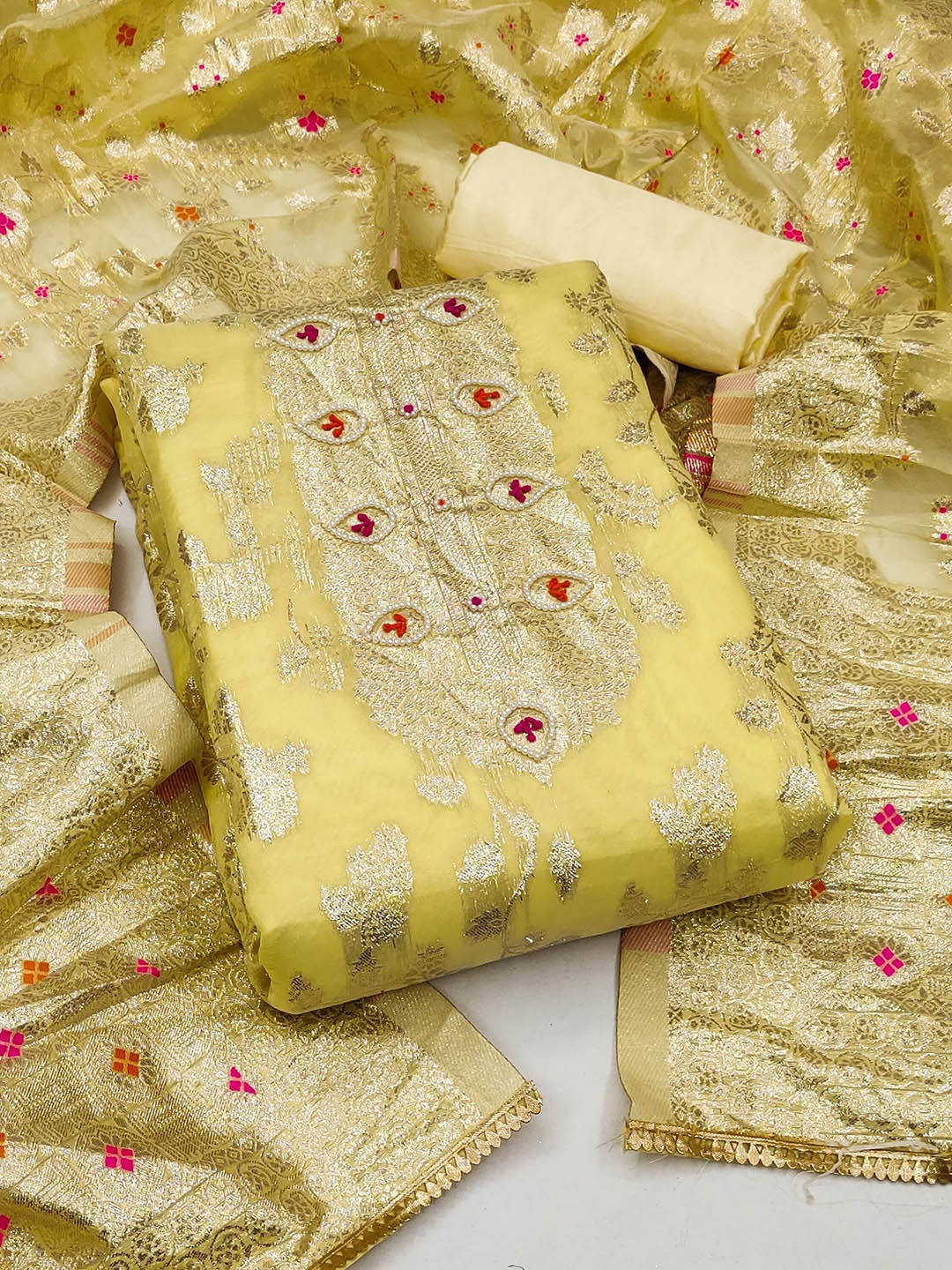 

Maroosh Embellished Unstitched Dress Material, Yellow