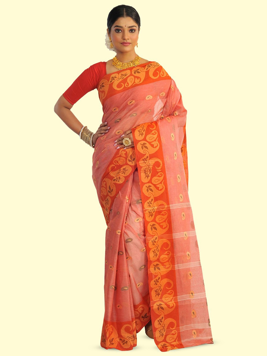 

RAJ SAREE HOUSE Paisley Pure Cotton Taant Saree, Pink
