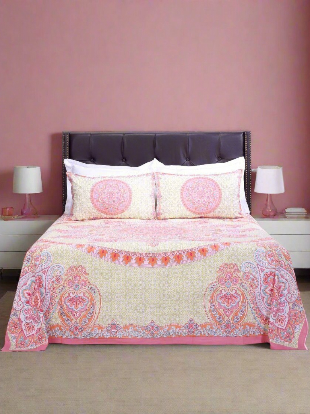 

SHAHENAZ Pink & Cream-Coloured Floral 120 TC Queen Bedsheet with 2 Pillow Covers