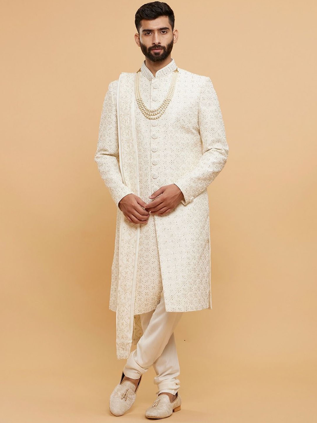 

Twamev Embroidered Sequinned & Thread Work Mandarin Collar Sherwani Set, White