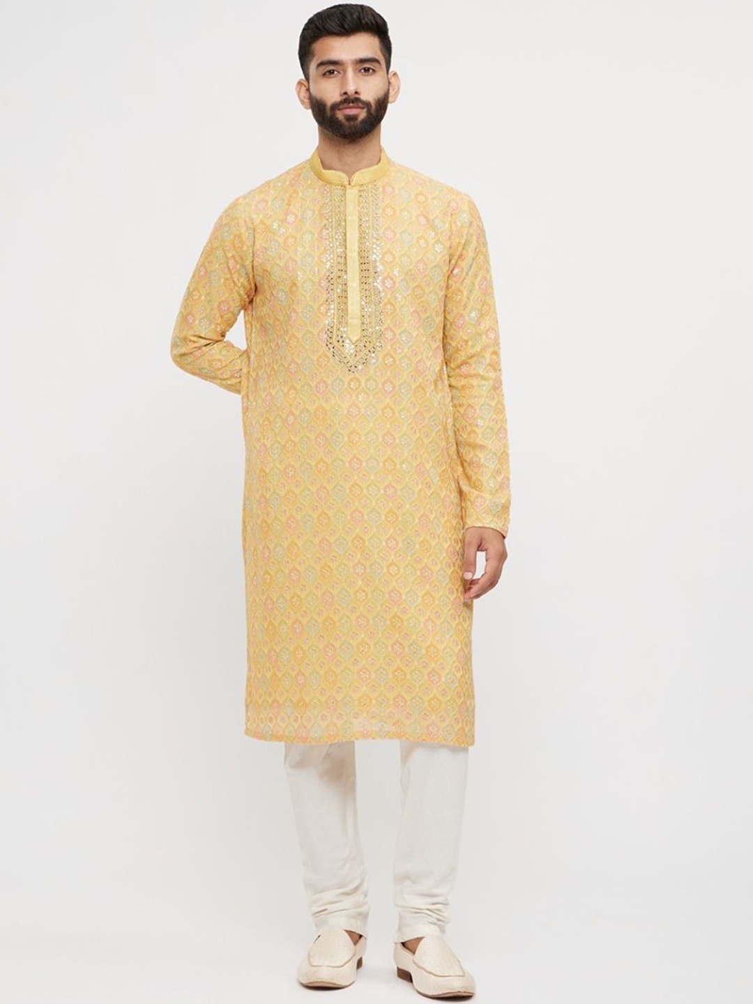 

Twamev Men Ethnic Motifs Embroidered Regular Mirror Work Kurta with Churidar, Mustard