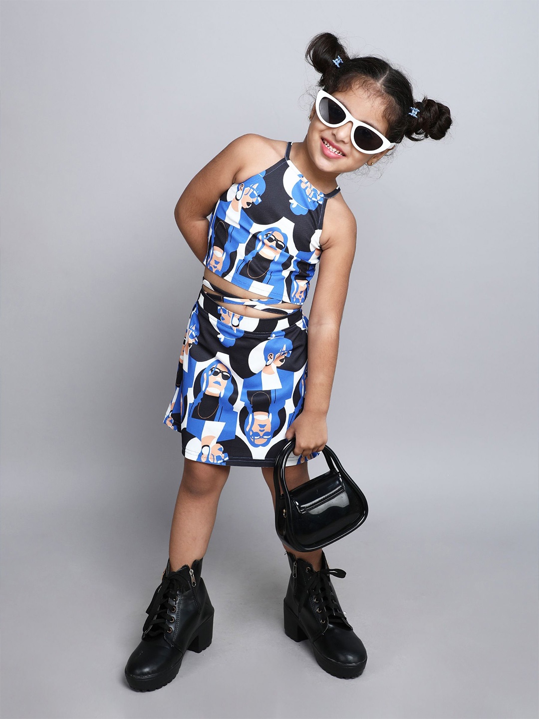 

taffykids Girls Printed Top with Skirt, Blue