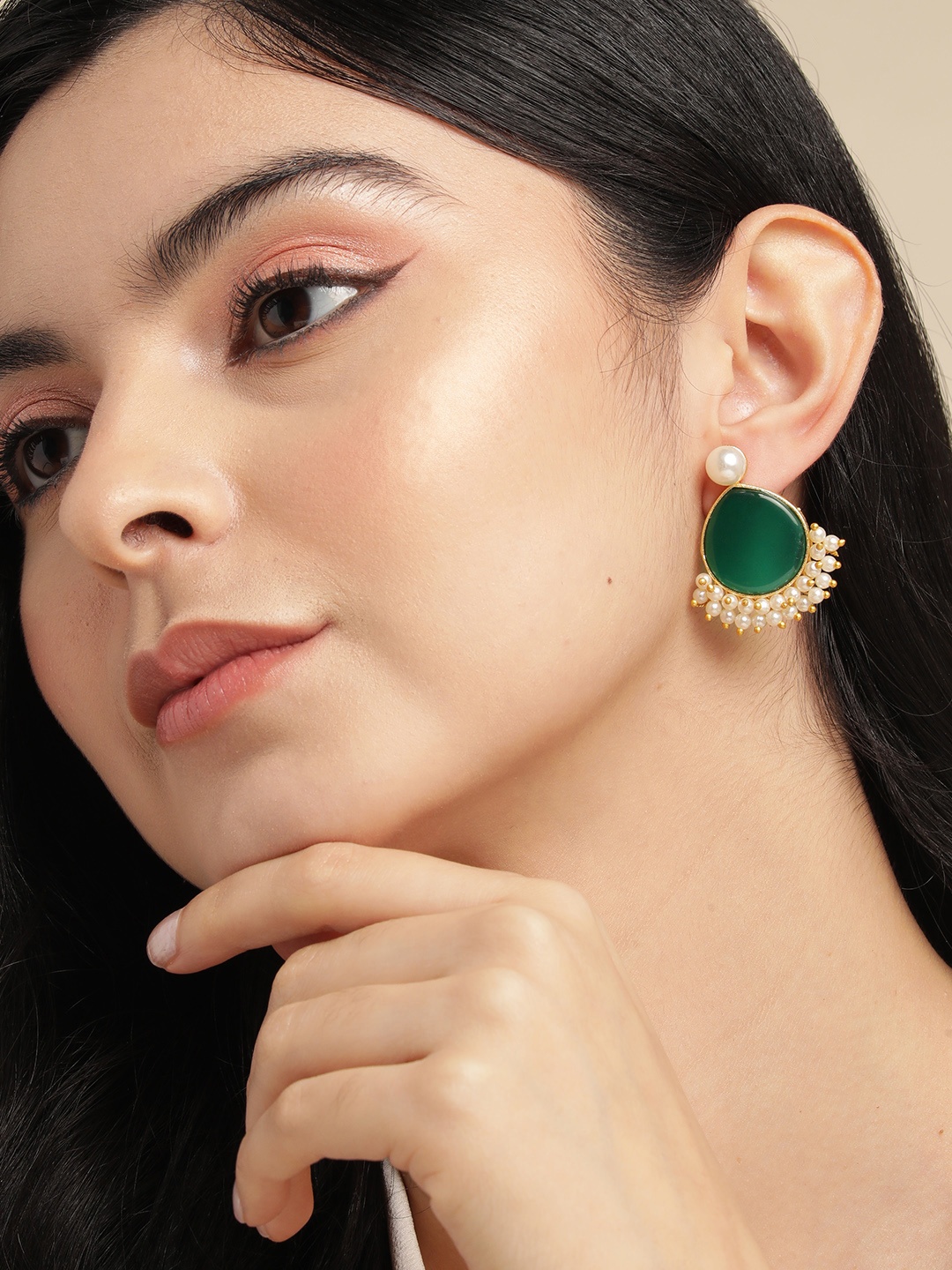 

Anouk Gold Plated Beaded Teardrop Shaped Drop Earrings, Green