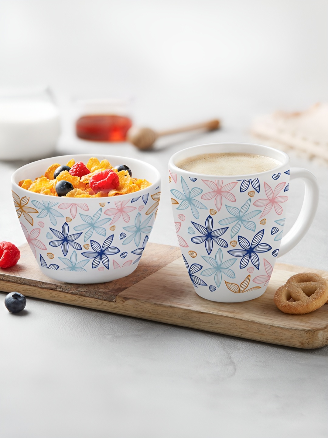 

Larah by BOROSIL White & Blue Floral Printed Opalware Glossy Mug and Bowl Set of Cups and Mugs