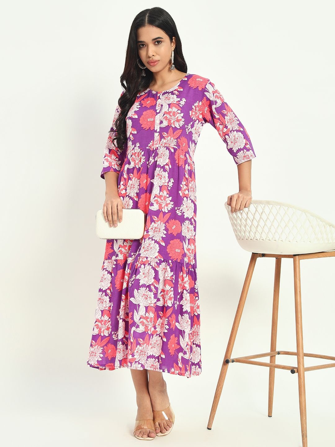 

KALINI Women Floral Printed Cotton Empire Midi Dress, Purple