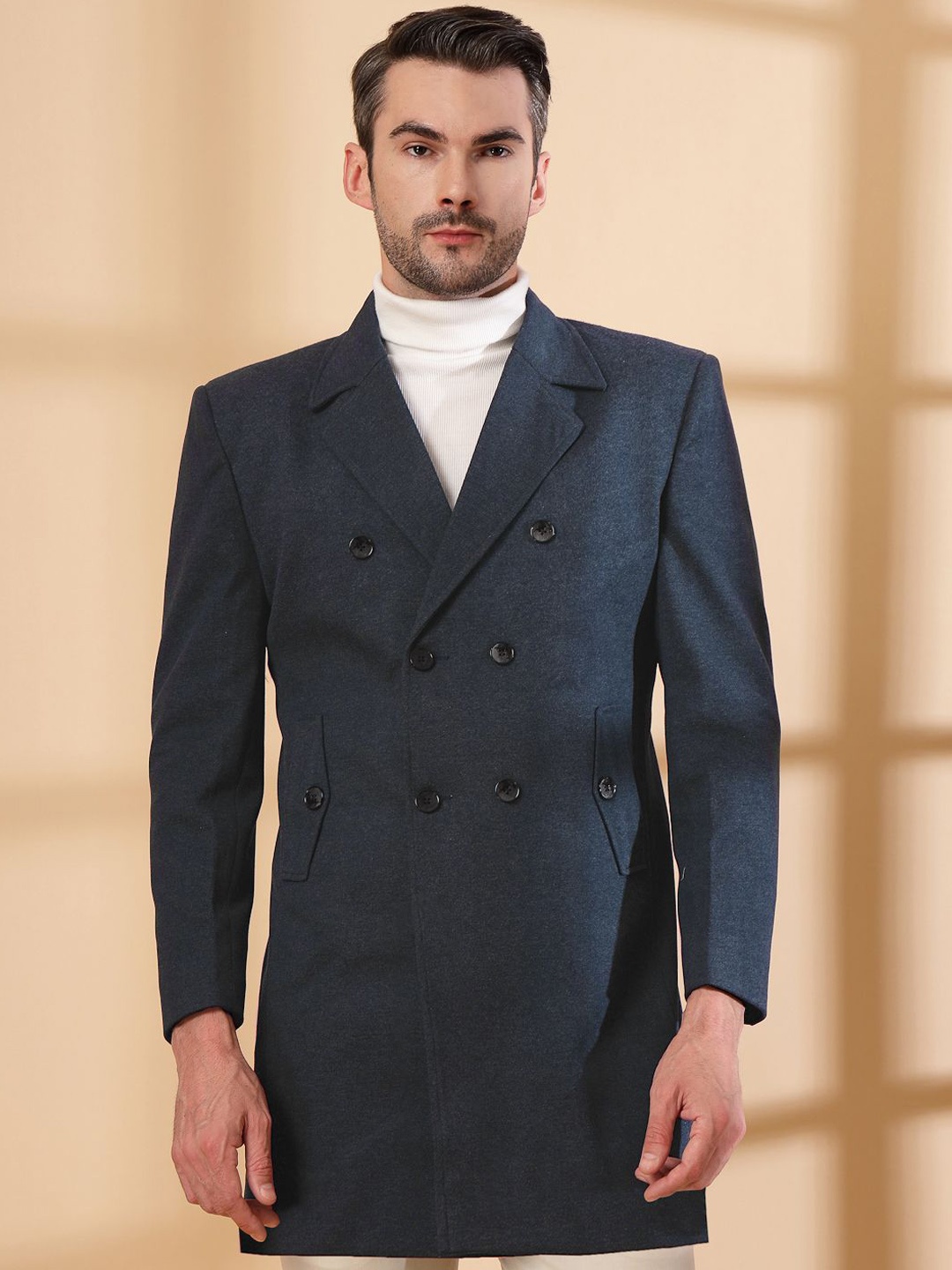 

KLOTTHE Notched Lapel Double Breasted Woollen Trench Coat, Navy blue