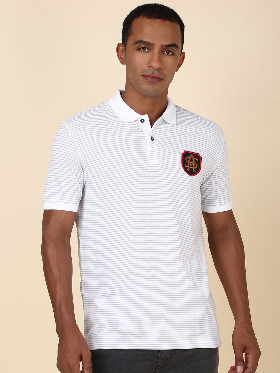 

Allen Solly Men Striped Polo Collar Applique T-shirt, White