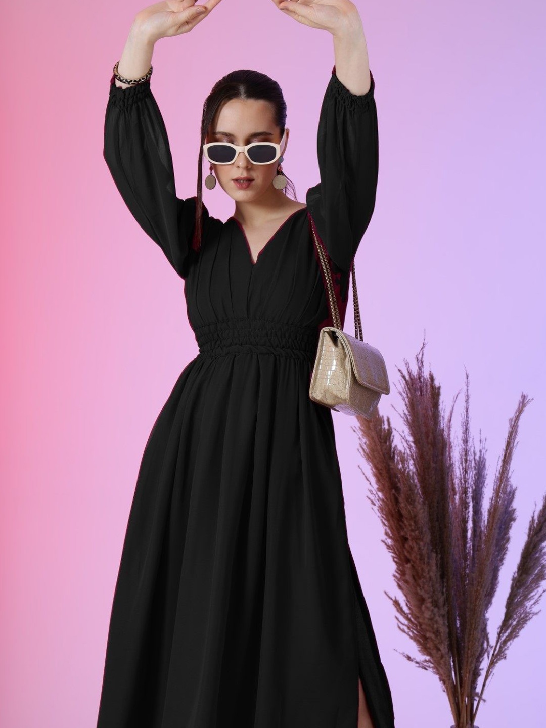 

Raiyani Enterprise Women Gathered Tiered Fit & Flare Maxi Dress, Black