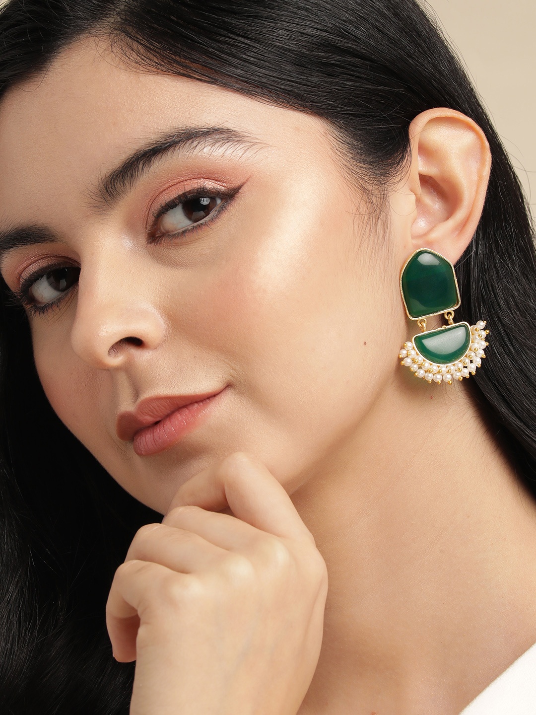 

Anouk Gold Plated Beaded Contemporary Drop Earrings, Green
