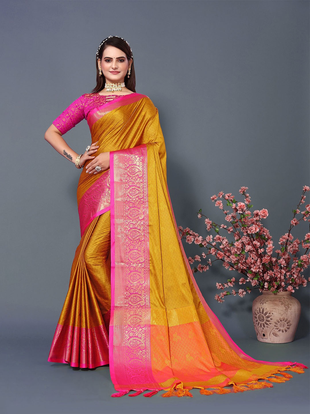 

Aldwych Woven Design Zari Silk Blend Chanderi Saree, Mustard