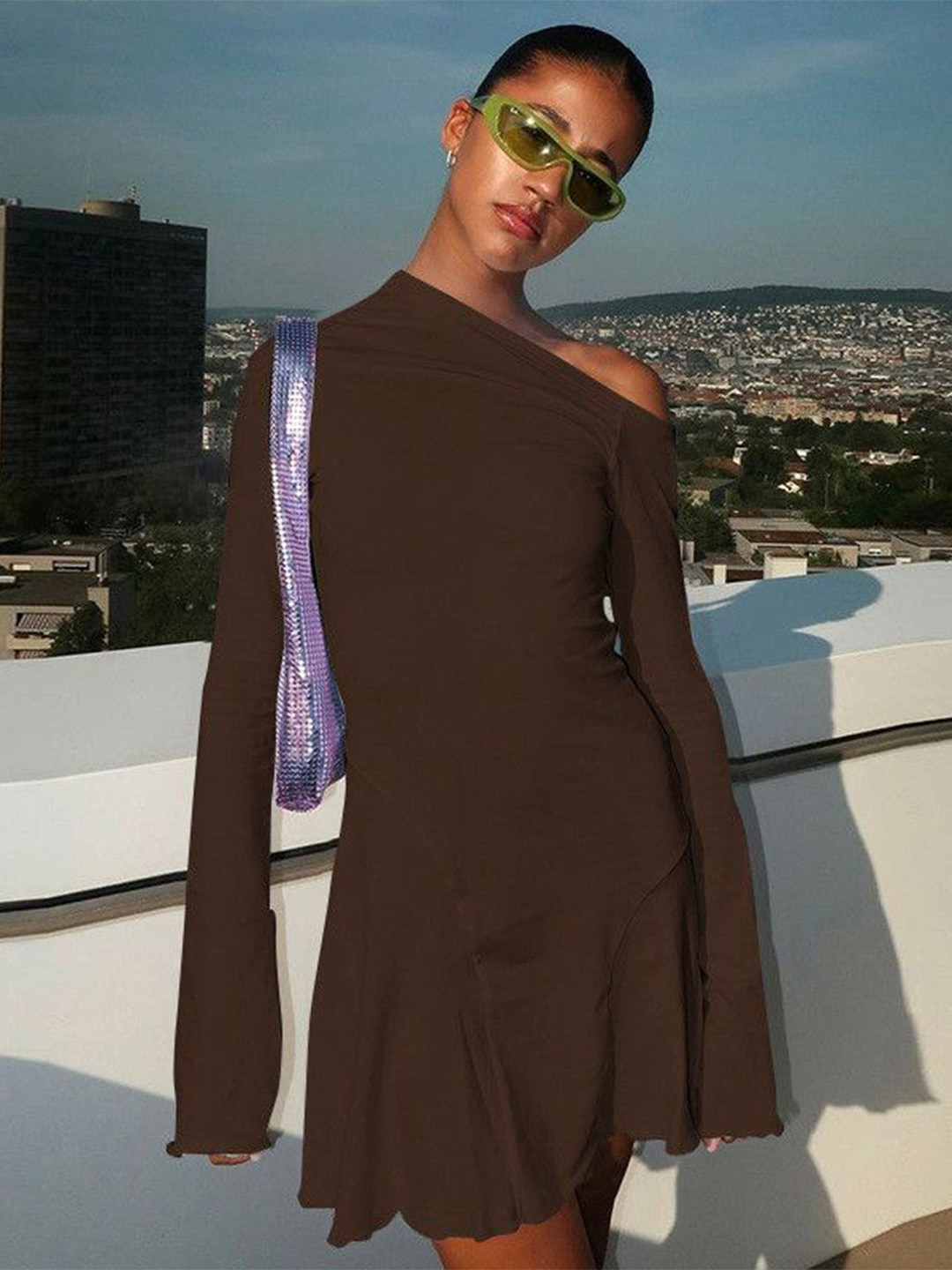 

DressBerry Women One Shoulder A-Line Dress, Brown